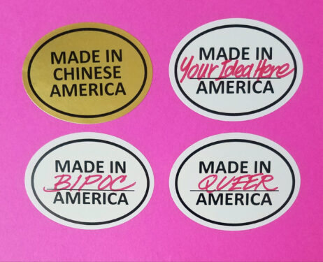 Oval stickers with "Made in (blank) America" written on them