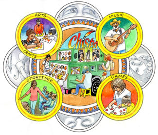 Illustration by Oscar Melara for the 2019 Chispa Autumn Moon Celebration, showing the Chispa cart with related activities and phases of the moon.