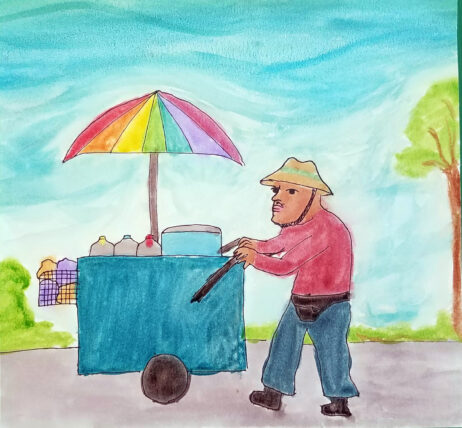 Watercolor of a corn vendor and his cart