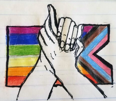 two hands clasped in front of a biopic lgbtq flag