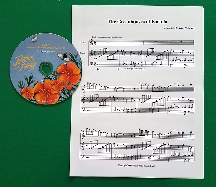 A CD with orange poppies on it called "Musical Reflections of the Portola and a musical score of John Calloway's composition "The Greenhouses of the Portola"