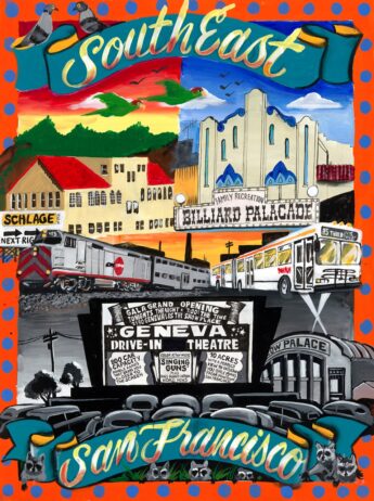 Icons of Southeast San Francisco including the Cow Palace, Schlage Lock, a muni bus and many raccoons
