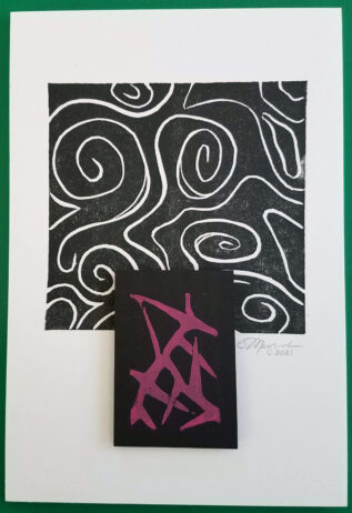 Two mounted prints, one a. black and white abstract and the other red thorns printed on black paper